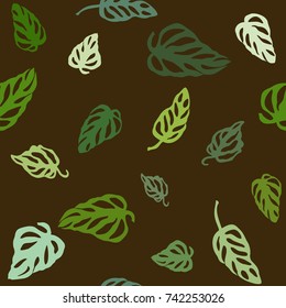 Seamless pattern of colorful leaves Monstera, isolated on dark background. 