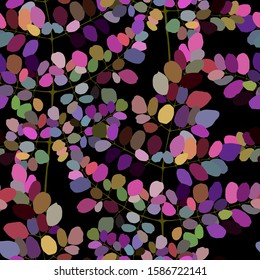 Seamless pattern with colorful leaves on dark background. Abstract background texture.