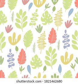 Seamless pattern of colorful leaves on a white background in vector graphics. For decorating wallpaper, wrapping paper, textiles, covers, prints for pillows, bed linen, tablecloths.