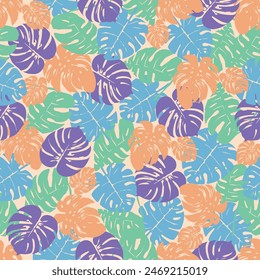 Patrón inconsútil de hojas coloridas sobre un fondo naranja brillante. Presentado a través del posicionamiento cercano de las hojas juntas como una pared. Este formato es adecuado para la impresión en tela y textiles.