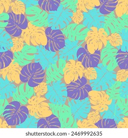 Seamless pattern of colorful leaves on dark yellow background. Presented through the close positioning of leaves together as one wall. This format is suitable for printing on fabric, textile and paper