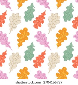 Padrão contínuo de folhas coloridas em um fundo branco. As folhas são de várias cores, incluindo laranja, verde e rosa.