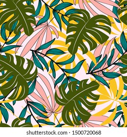 Seamless pattern with colorful leaves and plants. Exotic Wallpaper. Beautiful seamless vector flower pattern. Modern abstract design for fabric, paper, interior and other cover users.