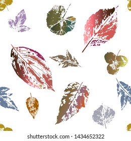 Seamless pattern of colorful leaves prints. Vector illustration on white background for printing on fabric, wrapping paper, wallpaper, textiles.