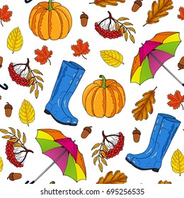 Seamless pattern from colorful leaves, rubber boots, umbrella, mountain ash, pumpkin, acorn on a white background. Hand drawing. Vector illustration.