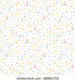 Seamless pattern with colorful leaves, twigs and confetti. Trendy line style. Choice for cards, invitations, printing, party packs, blog backgrounds, paper craft, party invitations, scrapbooking..