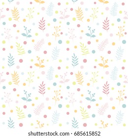 Seamless pattern with colorful leaves, twigs and confetti. Trendy line style. Choice for cards, invitations, printing, party packs, blog backgrounds, paper craft, party invitations, scrapbooking..