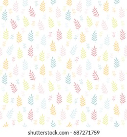Seamless pattern with colorful leaves, twigs and confetti. Trendy line style. Choice for cards, invitations, printing, party packs, blog backgrounds, paper craft, party invitations, scrapbooking..