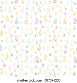 Seamless pattern with colorful leaves, twigs and confetti. Trendy line style. Choice for cards, invitations, printing, party packs, blog backgrounds, paper craft, party invitations, scrapbooking..