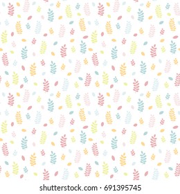 Seamless pattern with colorful leaves, twigs and confetti. Trendy line style. Choice for cards, invitations, printing, party packs, blog backgrounds, paper craft, party invitations, scrapbooking..