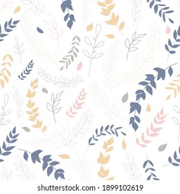 Patrón sin foco con hojas coloridas. Ambiente invernal. Repito el patrón sin fisuras de la guardería infantil.  Diseño en estilo boho para impresión en papel o textil. Impresión escandinava. 