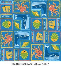 seamless pattern with colorful letters Cute Marine Life Square Grid Seamless Pattern

