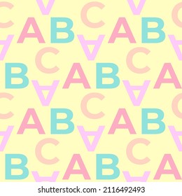 Seamless pattern with colorful letters on light yellow background. Vector illustration. Print for kids with letters.