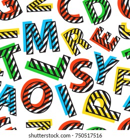 Seamless pattern of colorful letters on white background. Baby, kids, school design with black stripes. Vector illustration.
