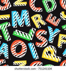 Seamless pattern of colorful letters on black background. Baby, kids, school design with white stripes. Vector illustration.