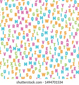 Seamless pattern of colorful letters. Random order signs. Vector background.