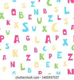 Seamless pattern with colorful letters. Vector background with alphabet for fabric, banner, wrapping paper, bed linen, wallpaper. Doodle pattern with letters.