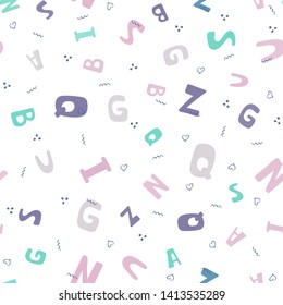 Seamless pattern with colorful letters. Vector background with alphabet for fabric, banner, wrapping paper, bed linen, wallpaper. Doodle pattern with letters.