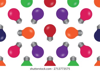 Iconos coloridos de la bombilla del patrón inconsútil. Bombilla colorida sobre fondo blanco. 