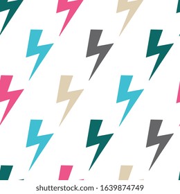 Seamless pattern with colorful lighting strike signs or symbols, flat cartoon vector illustration. Endless texture or print background with electric flash icons.