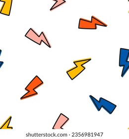 Seamless pattern with colorful lightning bolt with black outline