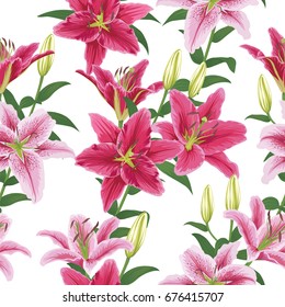 Seamless pattern with colorful lilies flower on white background. Vector set of blooming floral for wedding invitations and greeting card design.