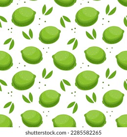 Seamless pattern, colorful limes and leaves on a white background. Fruit background, print, textile, vector