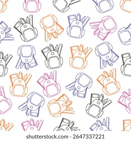 Seamless pattern of colorful line art school backpacks filled with stationery supplies on transparent background. - Powered by Shutterstock - Get 15% off with code: PIKWIZARD15