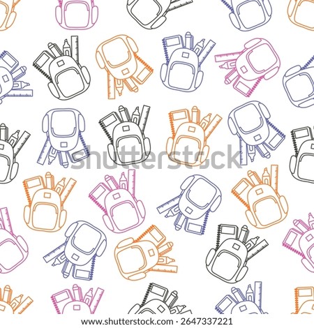 Seamless pattern of colorful line art school backpacks filled with stationery supplies on transparent background.