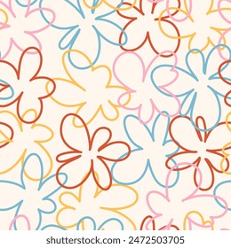 Seamless pattern of colorful linear flowers. Many bright flowers of pink, red, blue, and yellow colors. Floristic pattern. Floral background