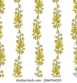 Seamless pattern with colorful linear ornament arranged from flowering branches of forsythia. Vector illustration for festive design, packaging, wallpaper, fabric, textile, stationery, accessories.