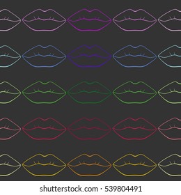 seamless pattern. colorful lips. black background.