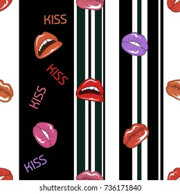Seamless pattern with colorful lips and black line.Beauty and fashion vector background.Textile texture