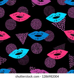Seamless pattern with colorful lips and geometric figures. Vector illustration