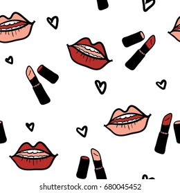 Seamless pattern with colorful lips, lipstick and hearts on white background. Colorful cartoon style. Fashion colorful background. Template for modern fabric, cover, wrapping paper. 
