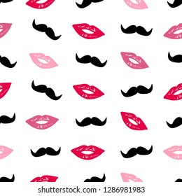 Seamless pattern with colorful lips and mustache. Vector illustration