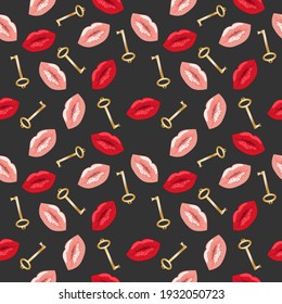 Seamless pattern of colorful lips on a black background. Advertising campaign illustration, fashion design for Wallpaper, packaging.