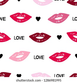 Seamless pattern with colorful lips, words love and hearts. Vector illustration