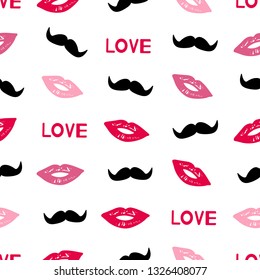 Seamless pattern with colorful lips, words Love and mustache. Vector illustration