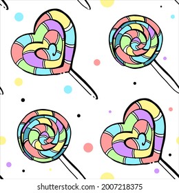 Seamless pattern with colorful lollipops and circles. For textil, fabric, apparel, shop of sweets and candy bar. Vector? EPS10.