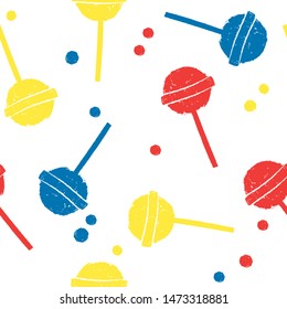 Seamless pattern with colorful lollipops, isolated on white background. Candy in pop art style.