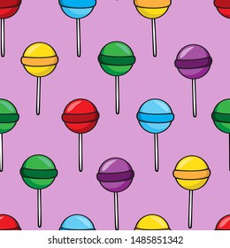 Seamless pattern with colorful lollipops on purple background. Vector illustration. Simple design for fabrics, textiles, labels, wrapping papers, web design.