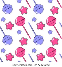 seamless pattern with colorful lollipops and stars.	