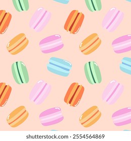 Seamless pattern with colorful macarons in a variety of flavors. Background for banners, cards, flyers, social media wallpapers, etc