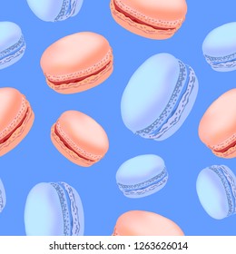 Seamless pattern with colorful macaroon cookies on white background.