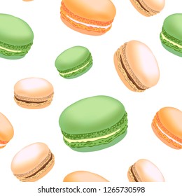 Seamless pattern with colorful macaroon cookies on white background.