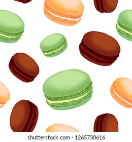 Seamless pattern with colorful macaroon cookies on white background.