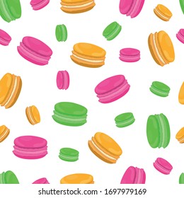 Seamless pattern with colorful macaroon cookies on white. Vector illustration.