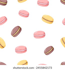 Seamless pattern with colorful macaroon cookies. Vector background wallpaper sweet dessert.