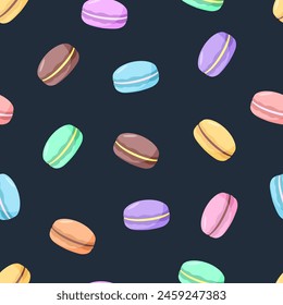 Seamless pattern with colorful macaroon cookies. Vector background wallpaper sweet dessert.